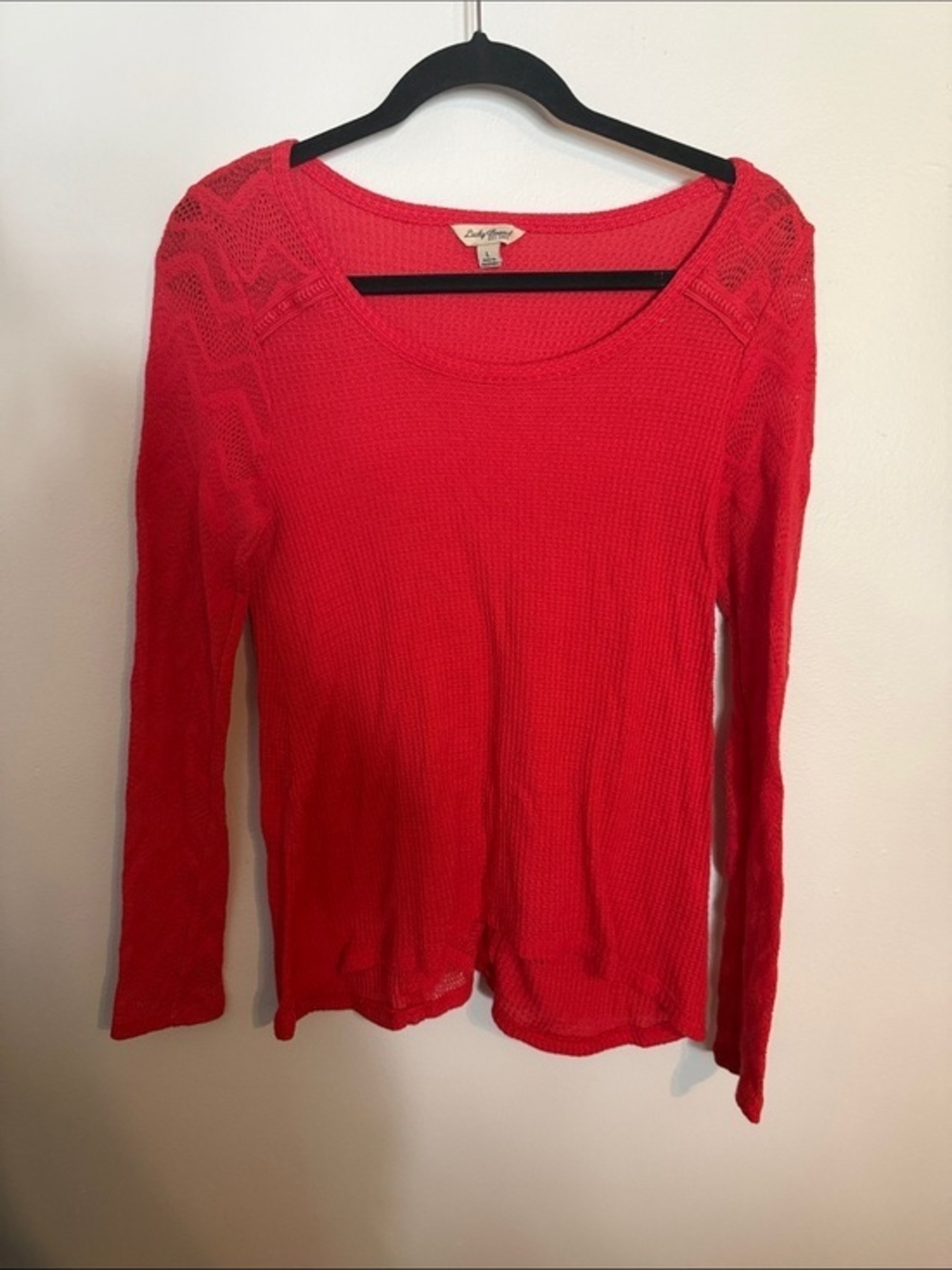 Lucky Brand Red Waffle Knit Thermal Top Lace Sleeves Large